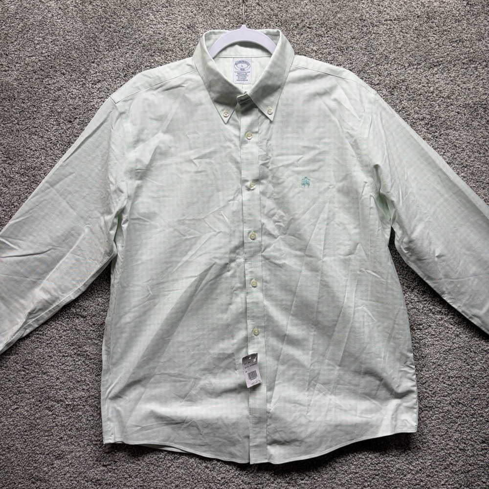 Brooks Brothers 1818 Mens Large Gingham Green Long Sleeve Regular Stretch Shirt